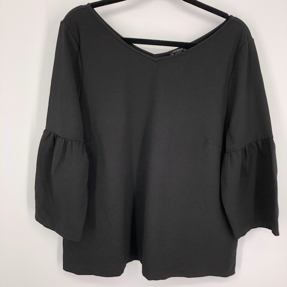 Ann Taylor Womens Lantern Sleeve Double V Top Size XL Black Stretchy Classy